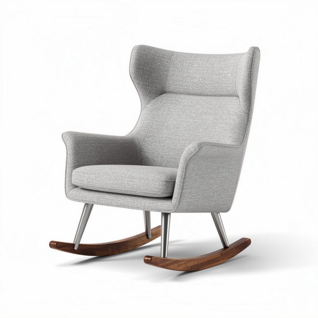 Schommelstoel van grijs stoffen bekleding met houten onderstel 80 x 70 x 100cm