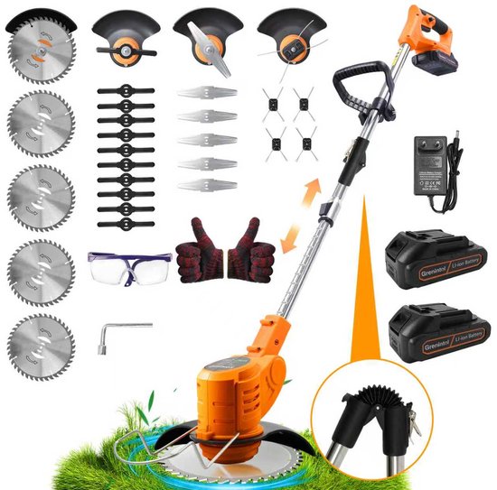 Grenintol 4-in-1 Grastrimmer - Accu Grastrimmer - Kantenmaaier Bosmaaier Met 2x2.0 AH Accu Lader - Opvouwbaar, Draadloos Elektrische Grastrimmer Met 850W Borstelloze Motor - Multifunctioneel Voor Tuin Park - Oranje