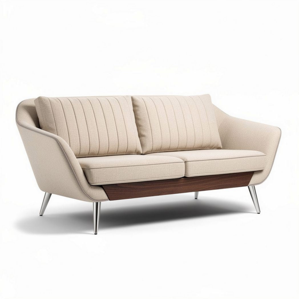 Beige stoffen bank met houten details en metalen poten 200 x 90 x 85cm
