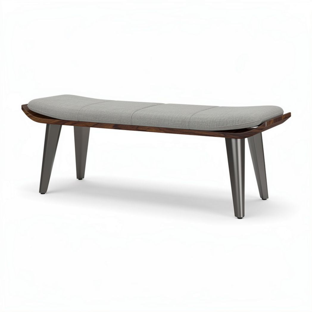 Moderne bank van stof en hout 150 x 50 x 45cm in grijs en bruin
