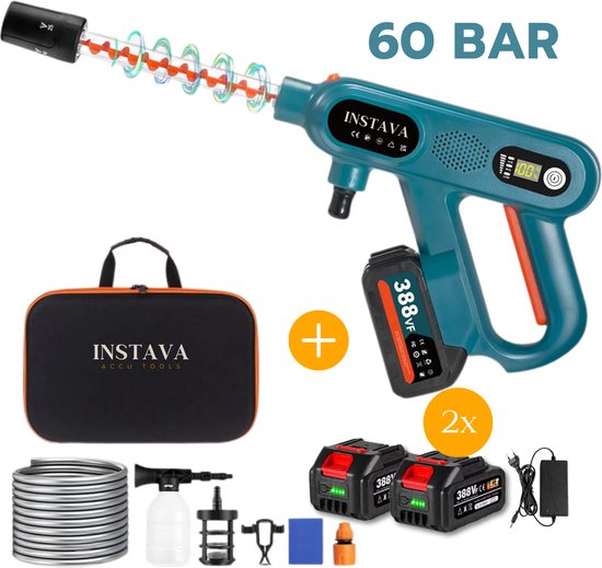 Instava Accu hogedrukreiniger Incl. 2x Accu(4.0Ah) - Geschikt Voor Makita 18v Accu - 6-1 Draadloze Hogedrukreiniger 60bar(Incl. 2x Accu)